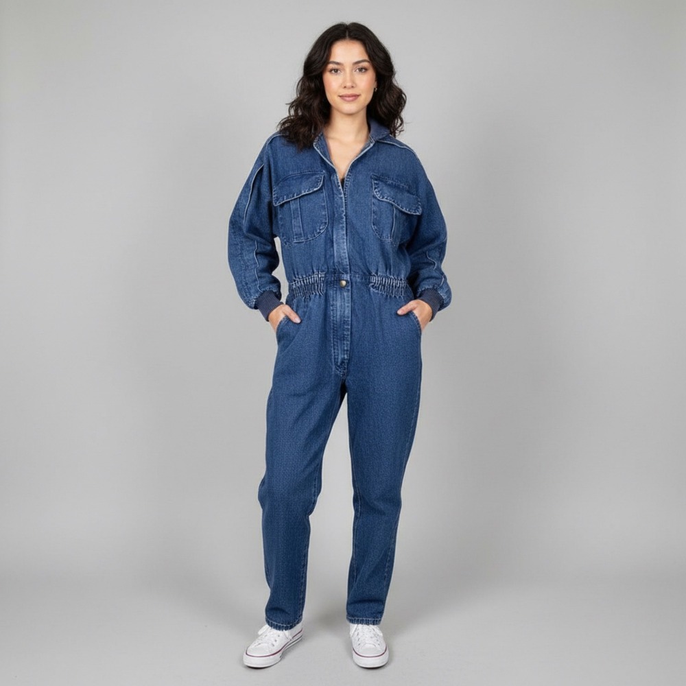 Vintage Oakbrook Sport Denim Jumpsuit Talon Zip Elastic Waist USA Made Flight 4‎